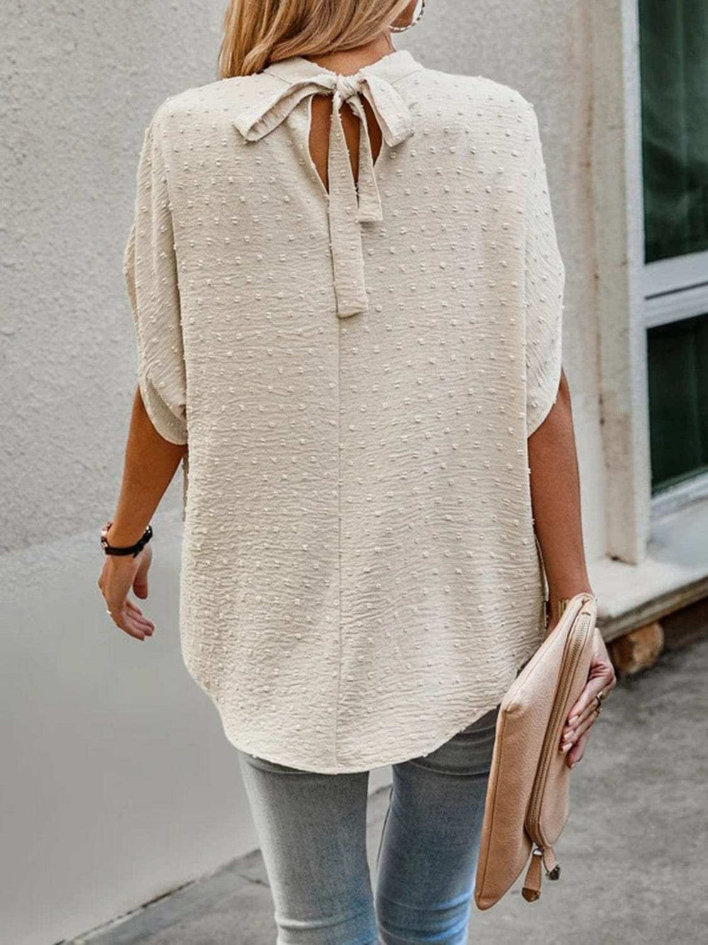 Swiss Dot Mock Neck Half Sleeve Blouse - Trendsi - Flyclothing LLC