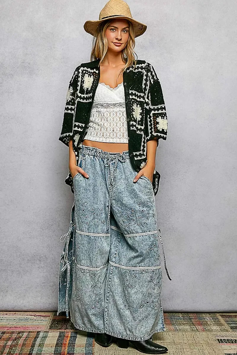 POL Button Down Openwork Floral Crochet Shirt with Granny Square Pattern - Trendsi - Flyclothing LLC