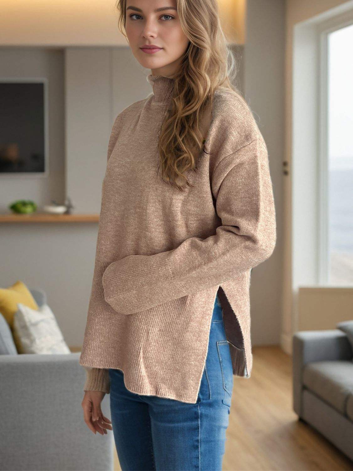 Side Slit Turtleneck Long Sleeve Sweater - Trendsi - Flyclothing LLC