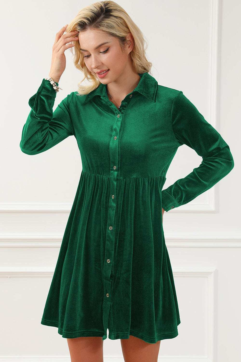 Ruched Button Up Collared Neck Long Sleeve Shirt Dress - Trendsi - Flyclothing LLC