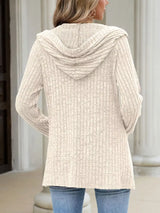 Ribbed Knit Hooded Button-Down Cardigan - Trendsi - Flyclothing LLC