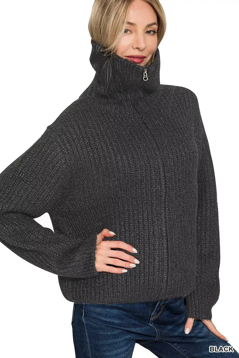 Zenana High Neck Full Zip Sweater Cardigan - Trendsi - Flyclothing LLC