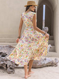 Ruched Printed Cap Sleeve Midi Dress - Trendsi - Flyclothing LLC