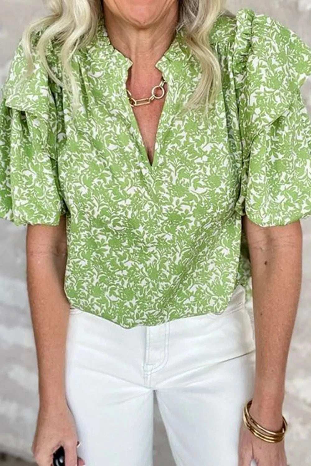Floral Ruffle Puff Short Sleeve Frilled Notched Blouse - Trendsi - Flyclothing LLC