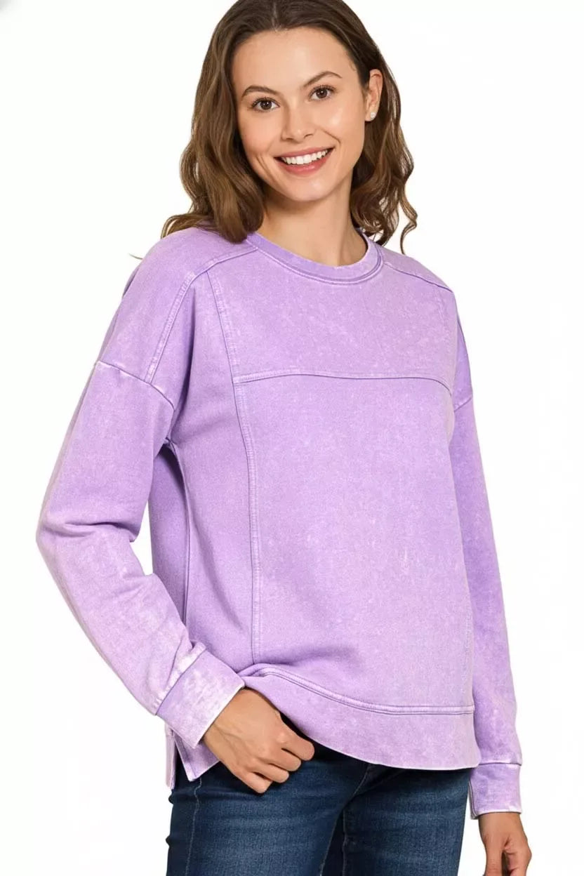 Zenana Acid Wash French Terry Exposed-Seam Pullover - Trendsi - Flyclothing LLC
