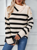 Buttoned Striped Long Sleeve Sweater - Trendsi