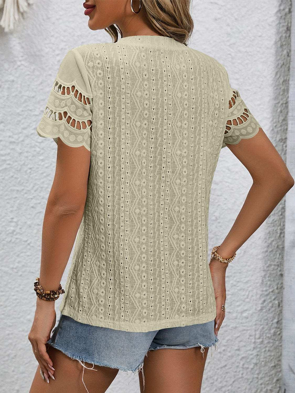 Full Size Eyelet Round Neck Short Sleeve Top - Trendsi - Flyclothing LLC