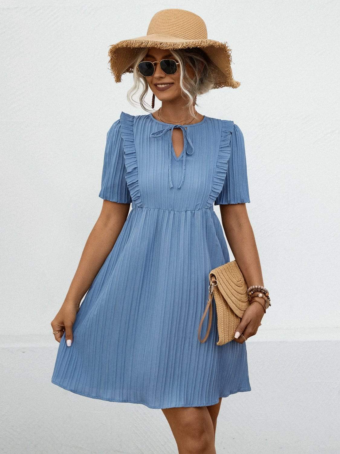 Tie Neck Short Sleeve Mini Dress - Trendsi - Flyclothing LLC