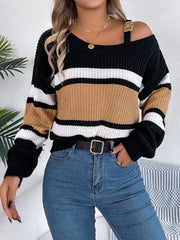 Color Block Asymmetrical Neck Long Sleeve Sweater - Trendsi