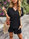 Notched Short Sleeve Top and Shorts Set - Trendsi - Flyclothing LLC