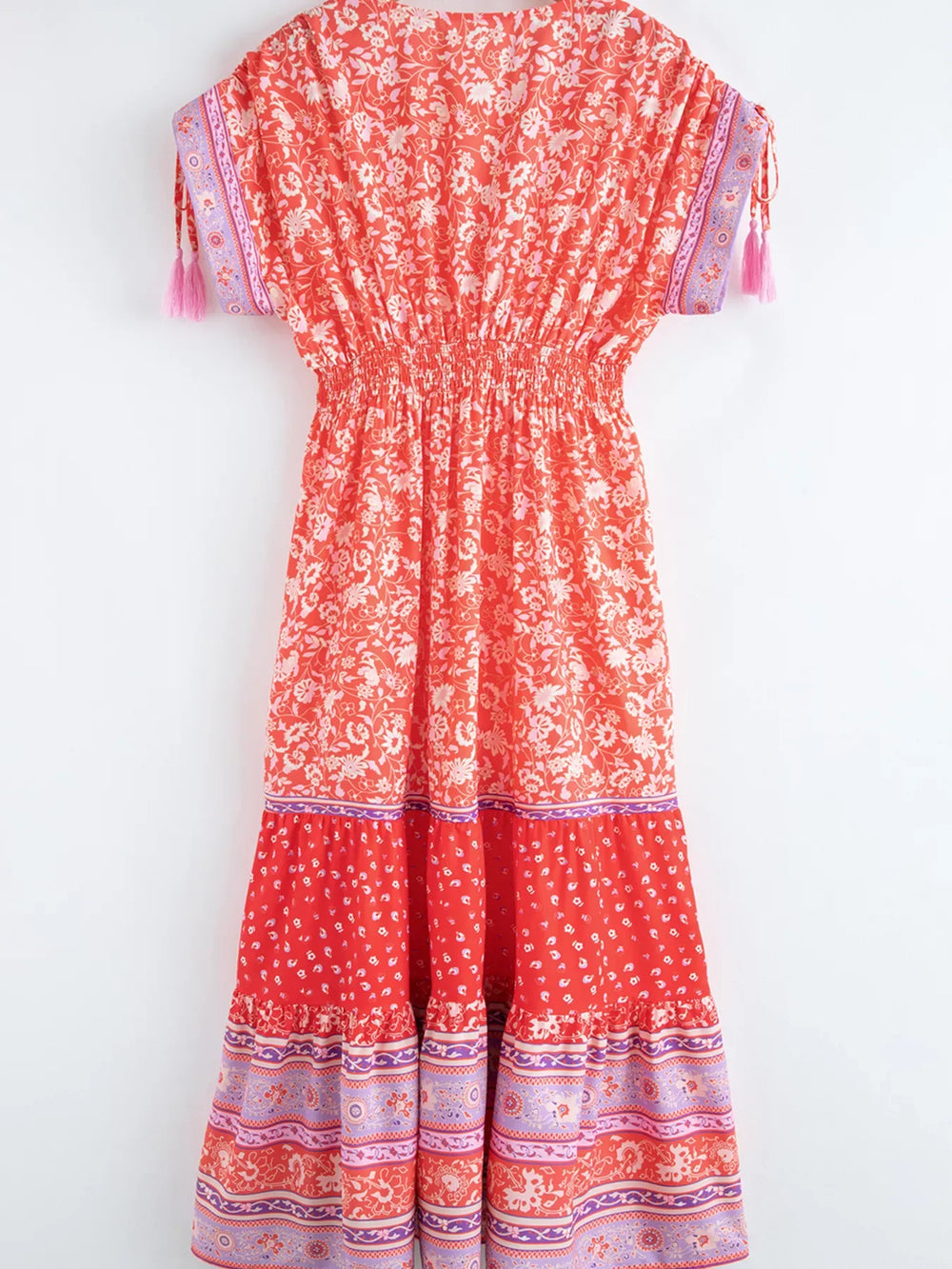 Floral Print Tasseled Tied Sleeve Empire Waist Dress - Trendsi - Flyclothing LLC