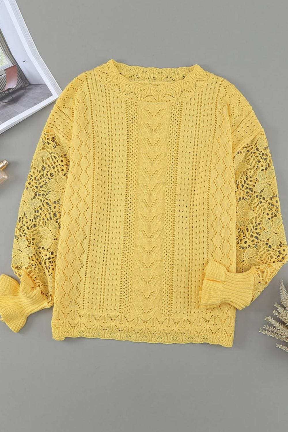 Openwork Round Neck Long Sleeve Sweater - Trendsi - Flyclothing LLC