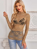 Mock Neck Long Sleeve Lace Sheer Top - Trendsi - Flyclothing LLC