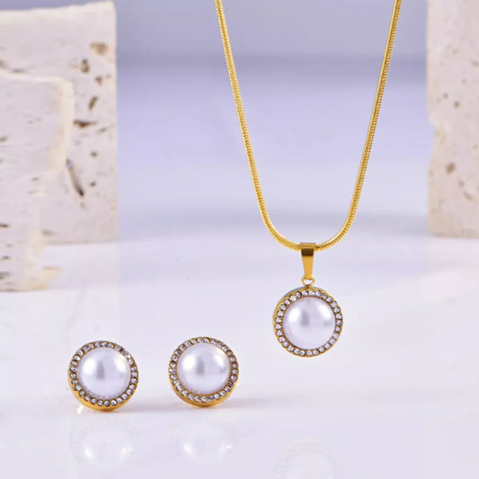 Synthetic Pearl 18K Gold-Plated Rhinestone Necklace and Earrings Jewelry Set - Trendsi - Flyclothing LLC