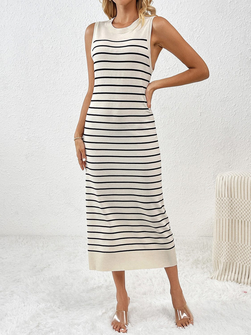 Round Neck Sleeve Midi Knit Dress - Trendsi