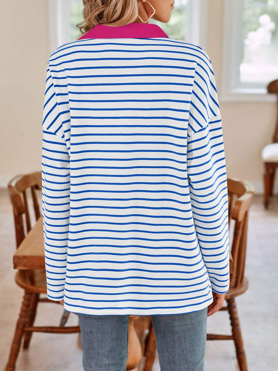 Striped Johnny Collar Long Sleeve T-Shirt - Trendsi - Flyclothing LLC