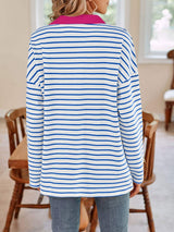 Striped Johnny Collar Long Sleeve T-Shirt - Trendsi - Flyclothing LLC