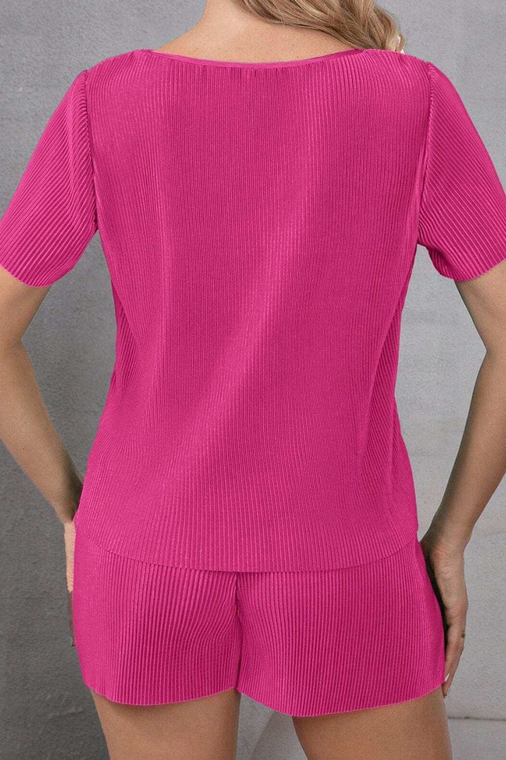 Round Neck Short Sleeve Top and Shorts Set - Trendsi - Flyclothing LLC