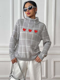 Heart Plaid Turtleneck Long Sleeve Sweater - Trendsi