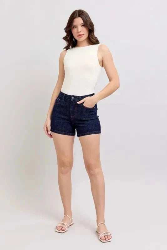 Judy Blue Full Size High Waist Heart Shaped Pkts & Red Contrast Thread Denim Shorts Plus Size - Trendsi - Flyclothing LLC