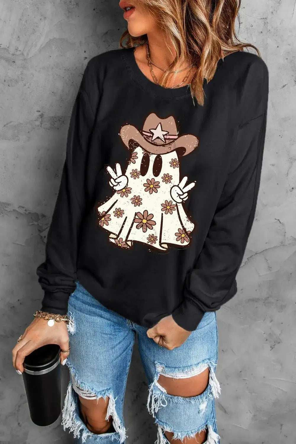 Ghost Round Neck Long Sleeve Sweatshirt - Trendsi - Flyclothing LLC