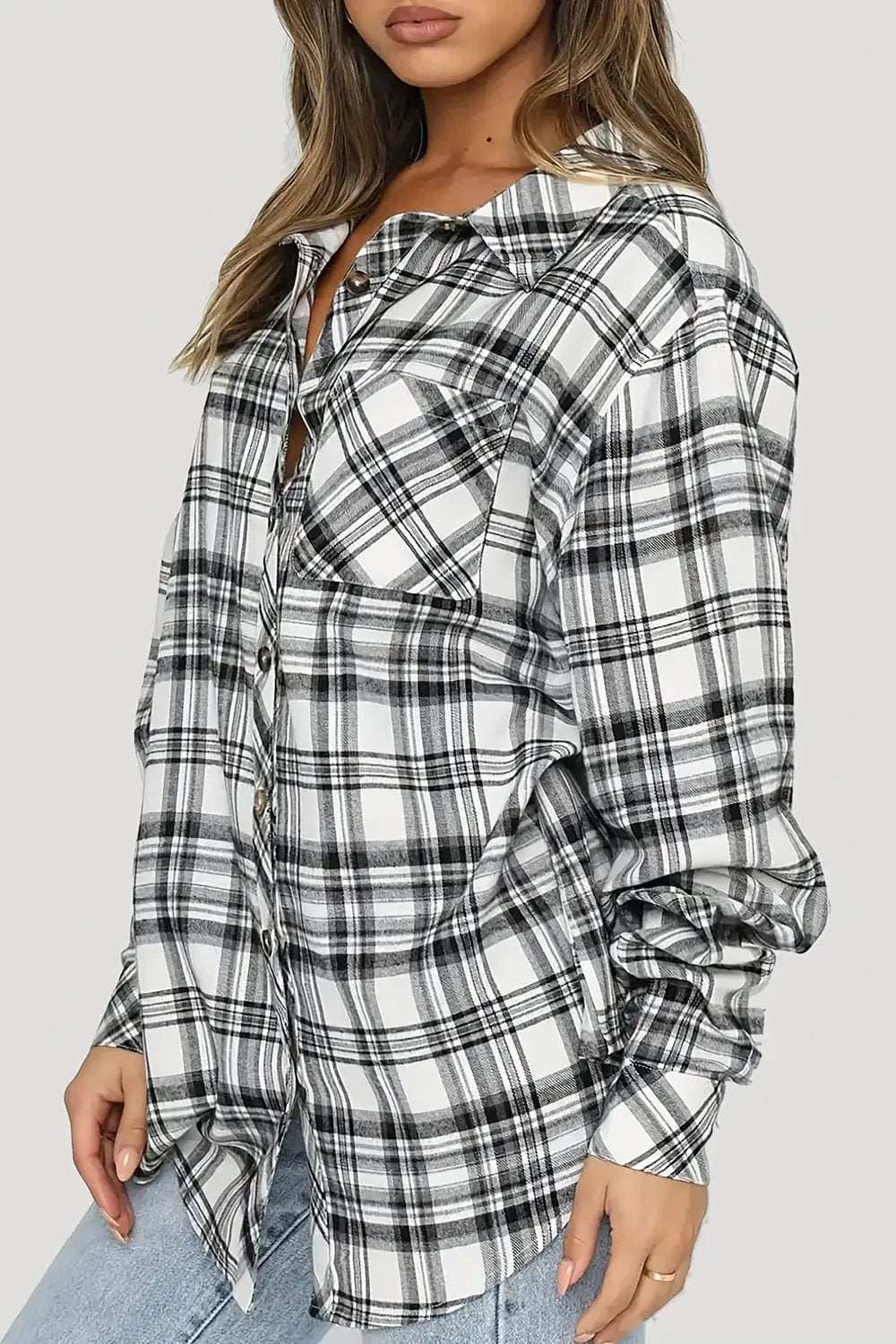 Plaid Collared Neck Long Sleeve Shirt - Trendsi - Flyclothing LLC