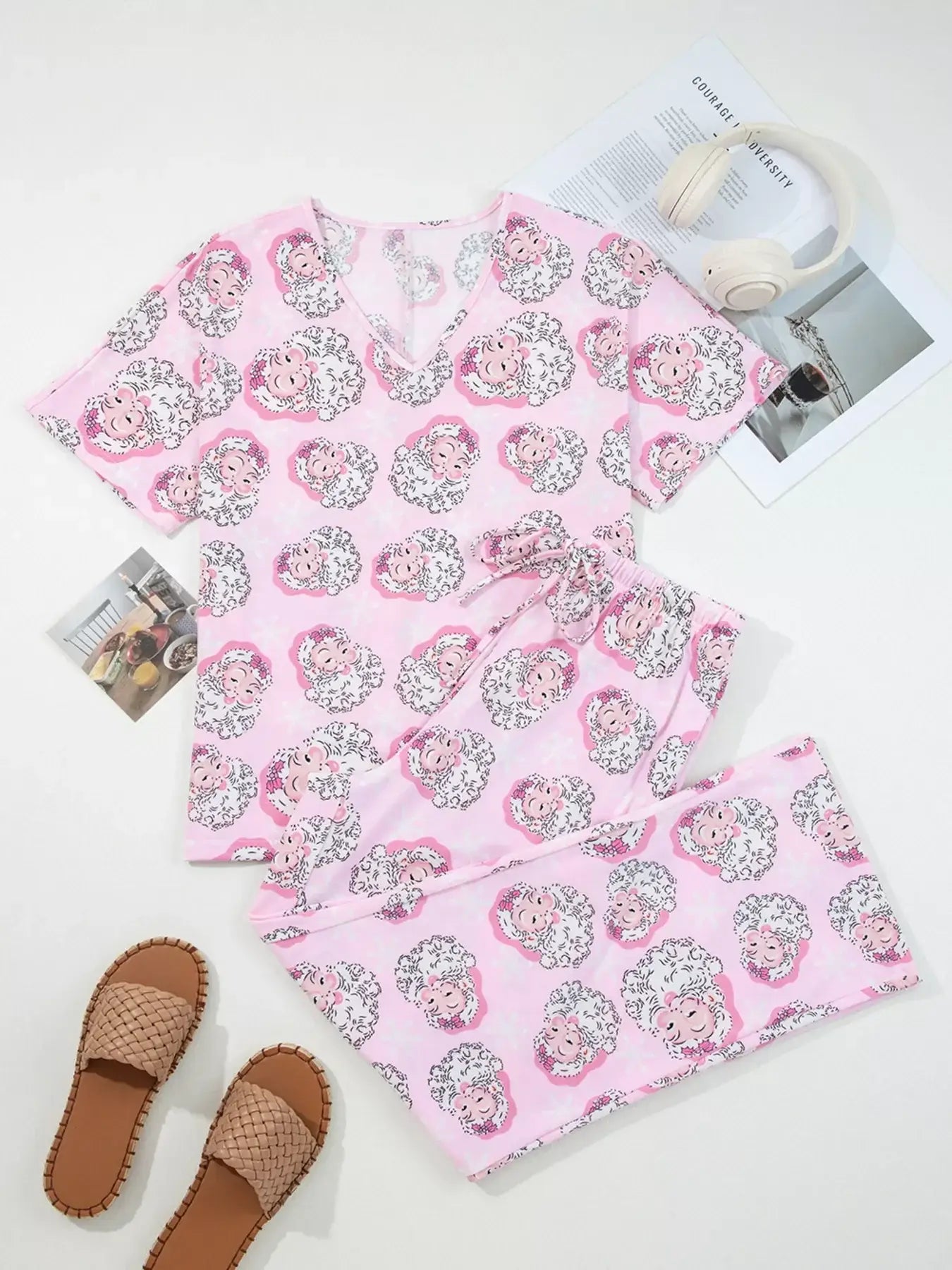 Santa Claus Print V Neck Tee Drawstring Pants 2pcs Lounge Set - Trendsi - Flyclothing LLC
