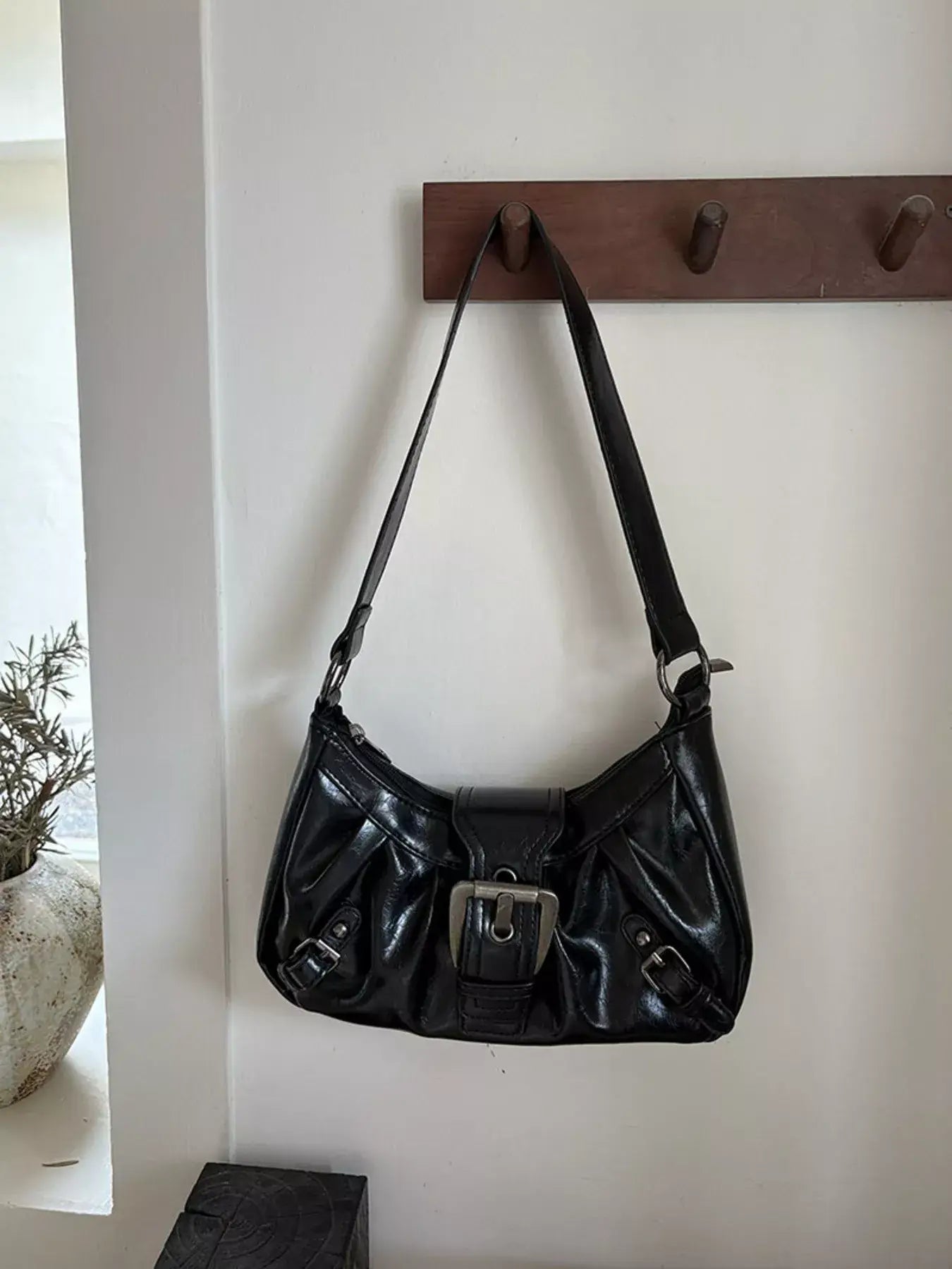 Buckle Decor Ruched Shoulder Bag - Trendsi - Flyclothing LLC