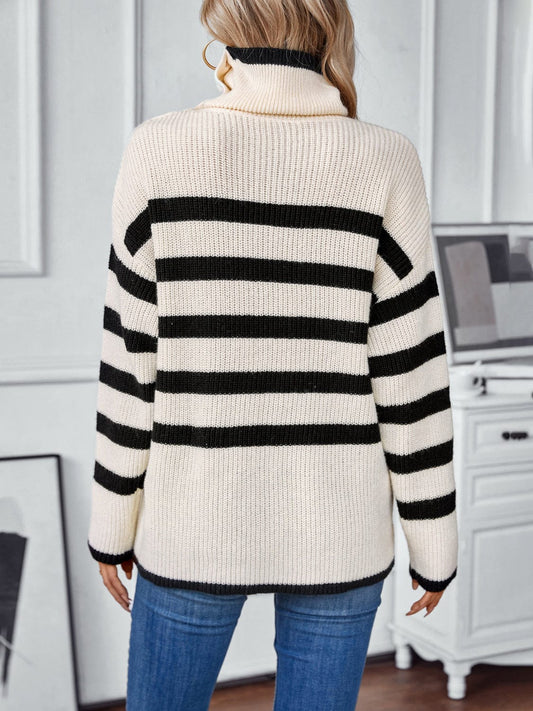 Buttoned Striped Long Sleeve Sweater - Trendsi
