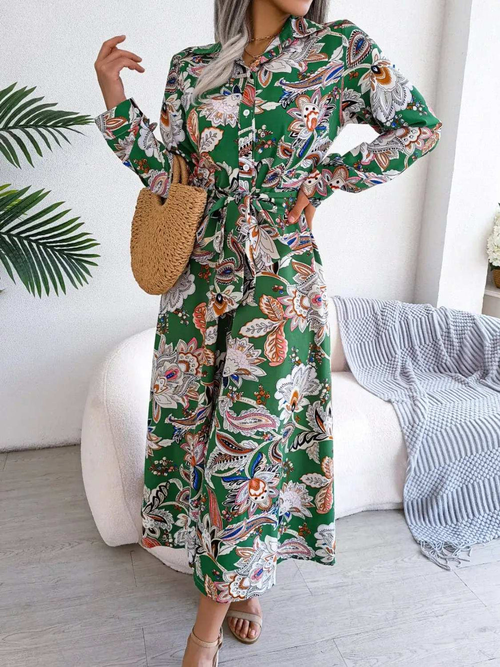 Tied Printed Long Sleeve Midi Dress - Trendsi - Flyclothing LLC