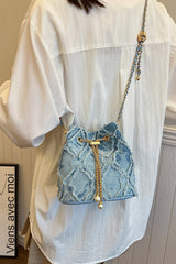 Chain Drawstring Raw Edge Denim Bucket Bag - Trendsi
