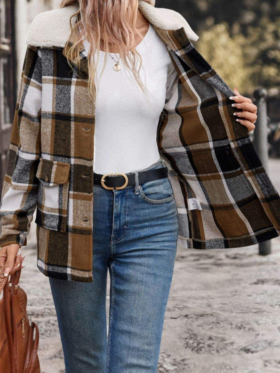 Perfee Pocketed Plaid Button Up Collared Neck Jacket - Trendsi - Flyclothing LLC