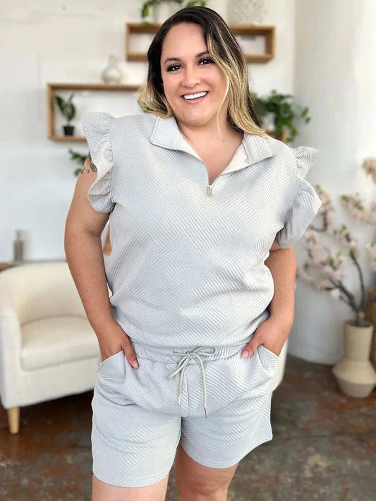 Double Take Full Size Texture Flounce Sleeve Top and Drawstring Shorts Set - Trendsi - Flyclothing LLC