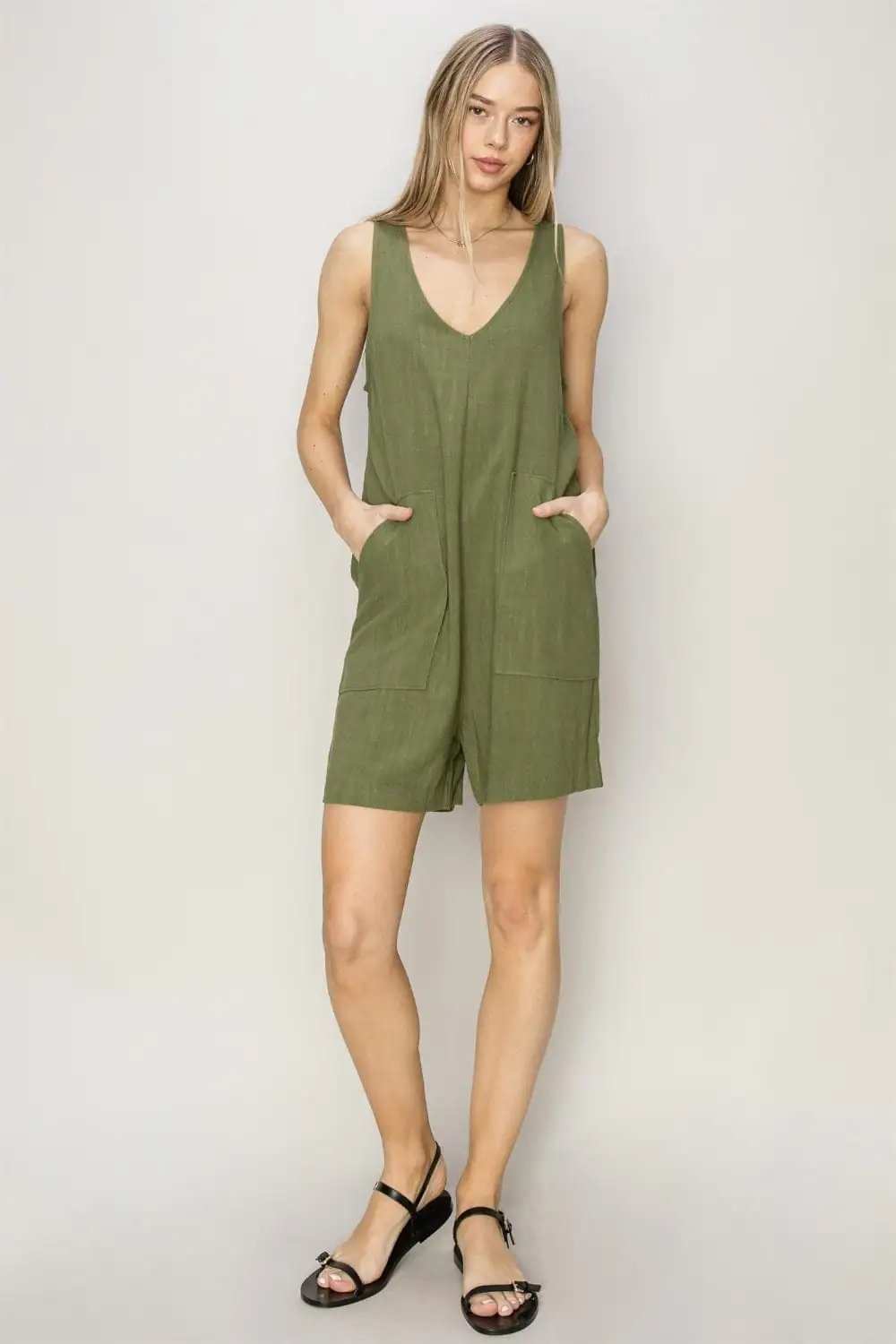 HYFVE V-Neck Sleeveless Romper with Pockets - Trendsi - Flyclothing LLC