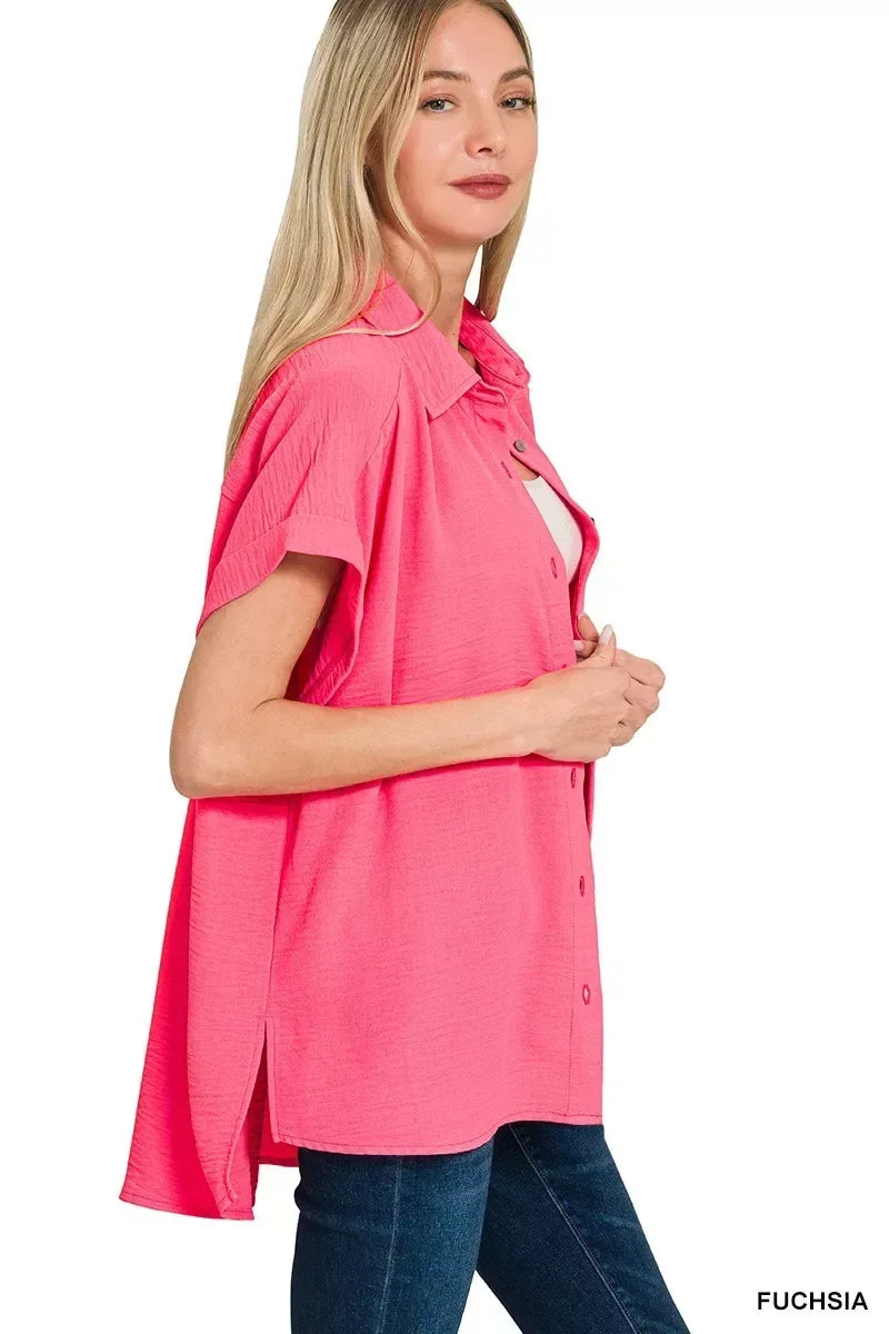 Zenana Woven Airflow Button Down Shirt - Trendsi - Flyclothing LLC