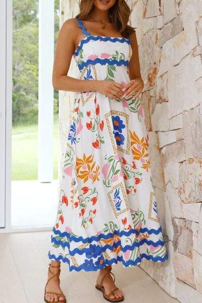 Printed Square Neck Wide Strap Midi Dress - Trendsi - Flyclothing LLC