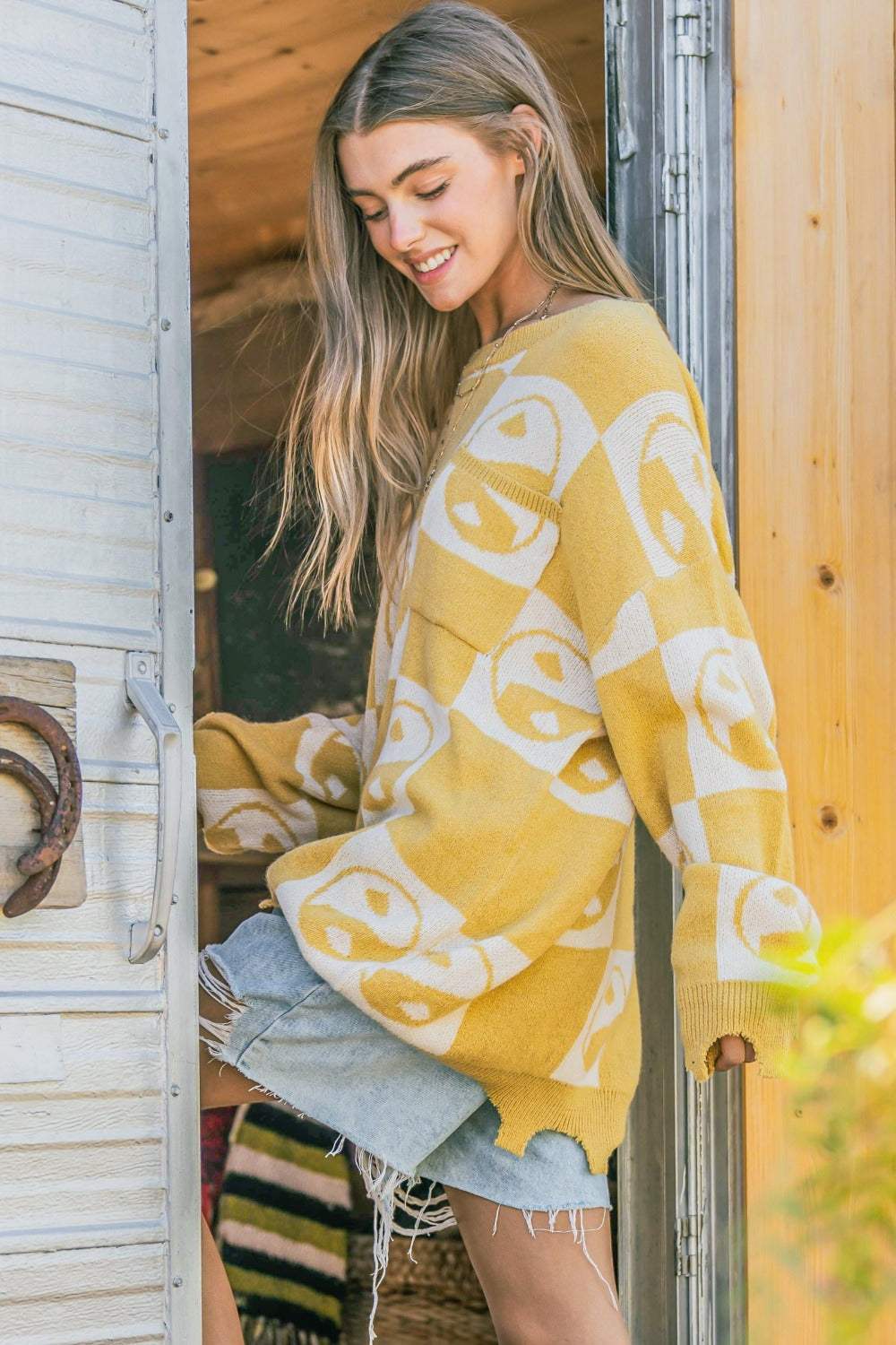 And The Why Checkerboard Sweater with Yin Yang Pattern - Trendsi - Flyclothing LLC