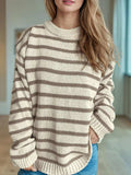 Striped Round Neck Long Sleeve Sweater - Trendsi - Flyclothing LLC