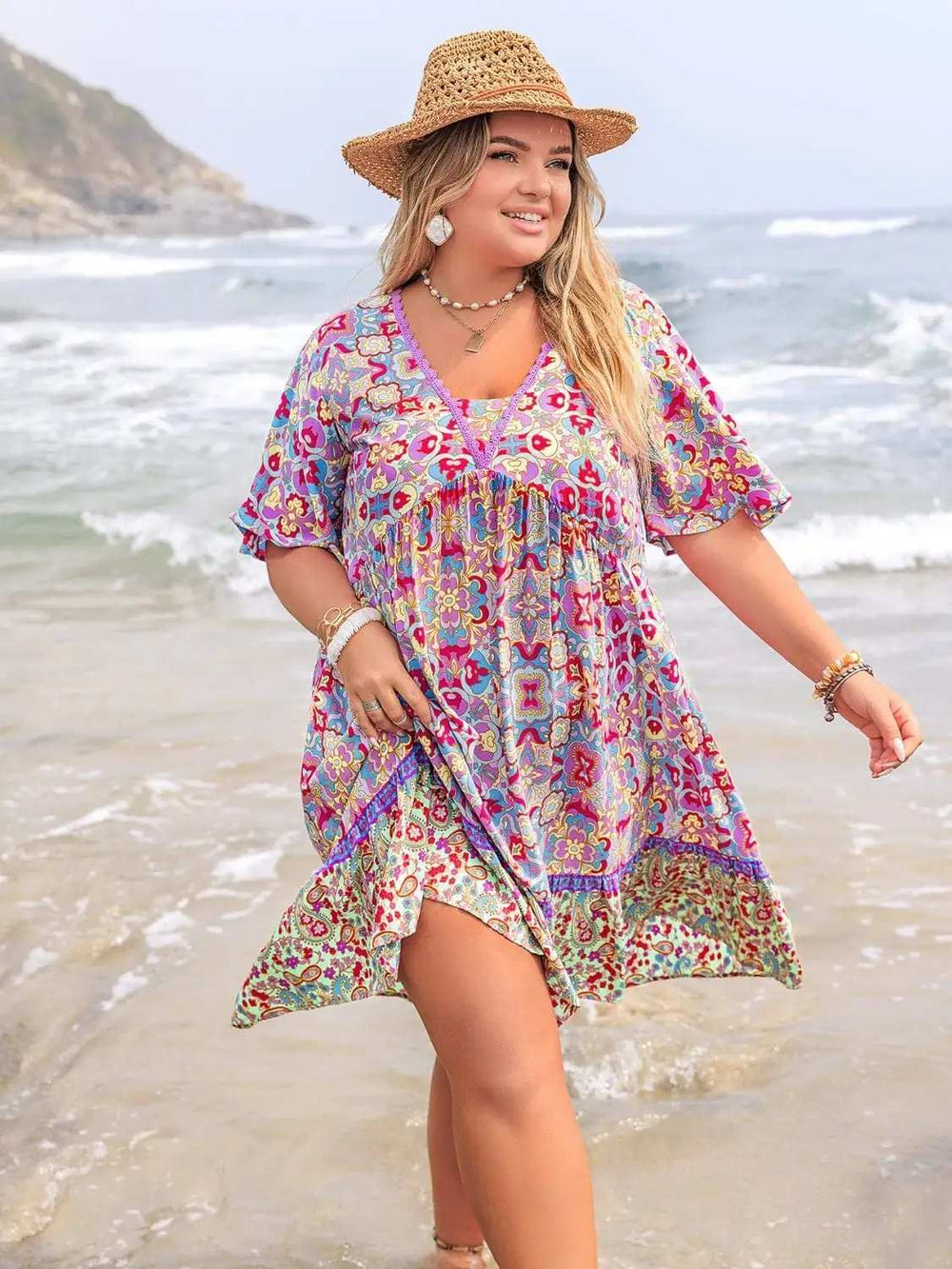 Plus Size Lace Detail Printed Half Sleeve Dress - Trendsi - Flyclothing LLC