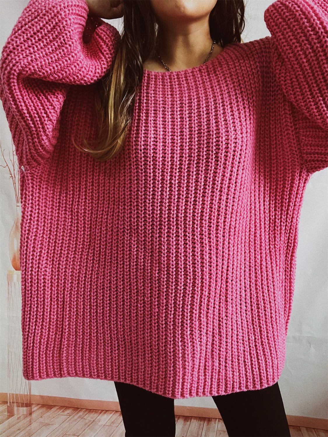 Boat Neck Long Sleeve Sweater with Belt - Trendsi