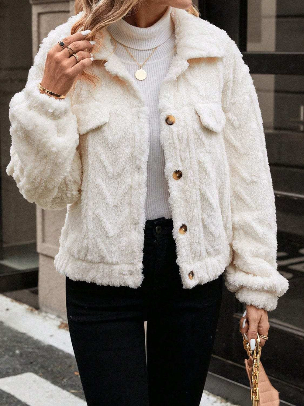 Button Up Long Sleeve Fuzzy Outerwear - Trendsi - Flyclothing LLC