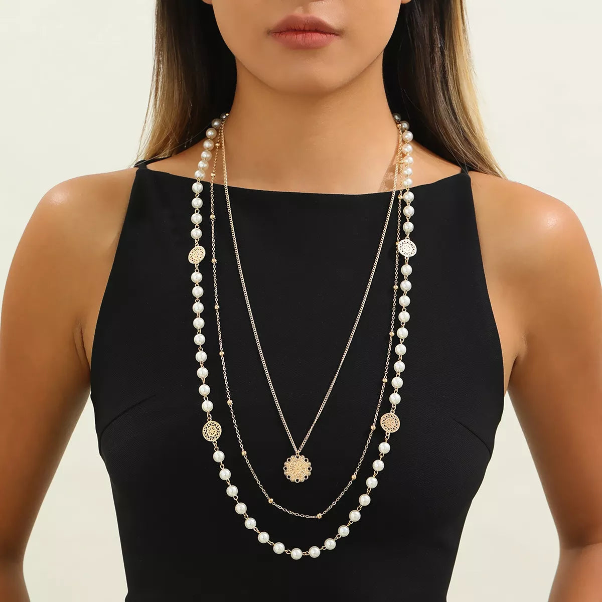 Multi-Layered Pearl and Coin Pendant Necklace - Trendsi - Flyclothing LLC