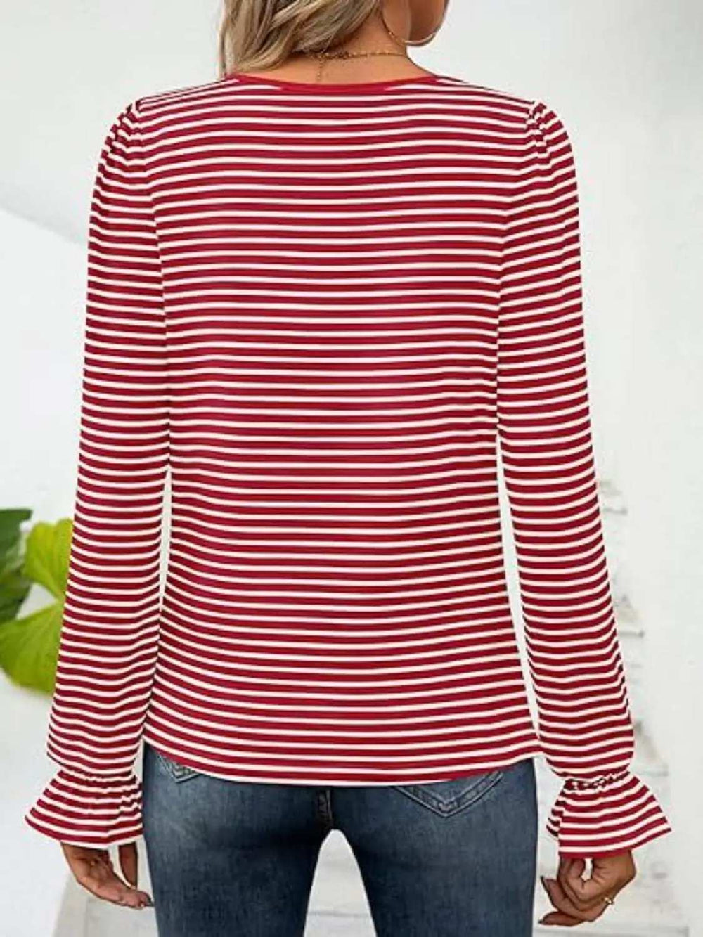 Striped Square Neck Flounce Sleeve Top - Trendsi - Flyclothing LLC