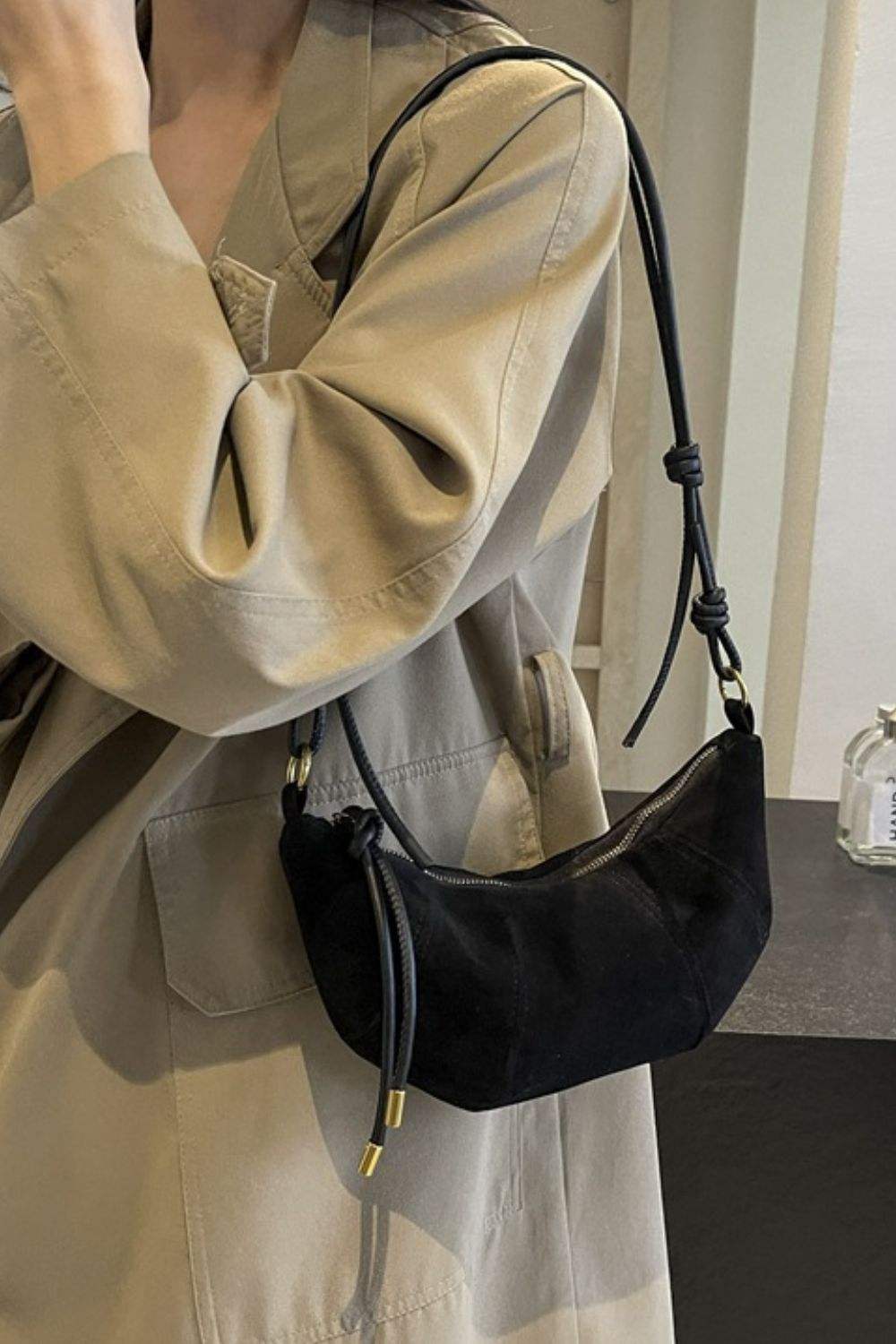 PU Leather Strap Suede Shoulder Bag - Trendsi - Flyclothing LLC