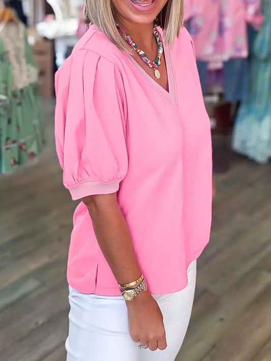 Solid Color V Neck Short Puff Sleeve Blouse - Trendsi - Flyclothing LLC