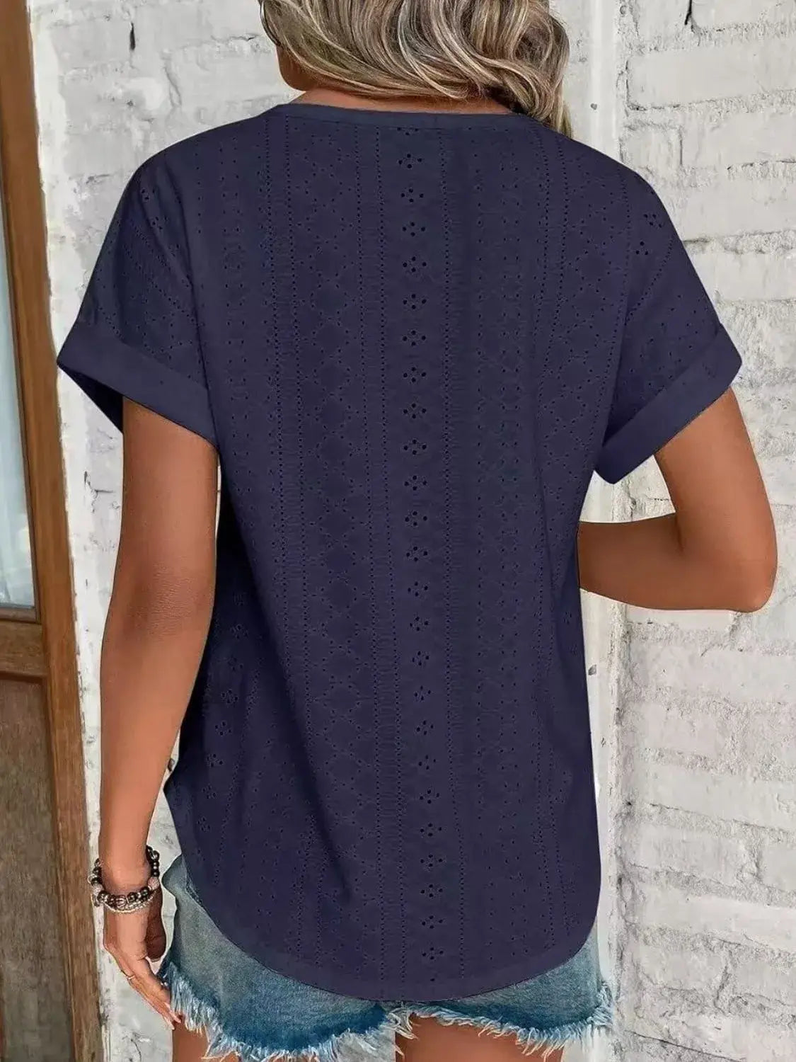Eyelet Round Neck Short Sleeve Top - Trendsi - Flyclothing LLC