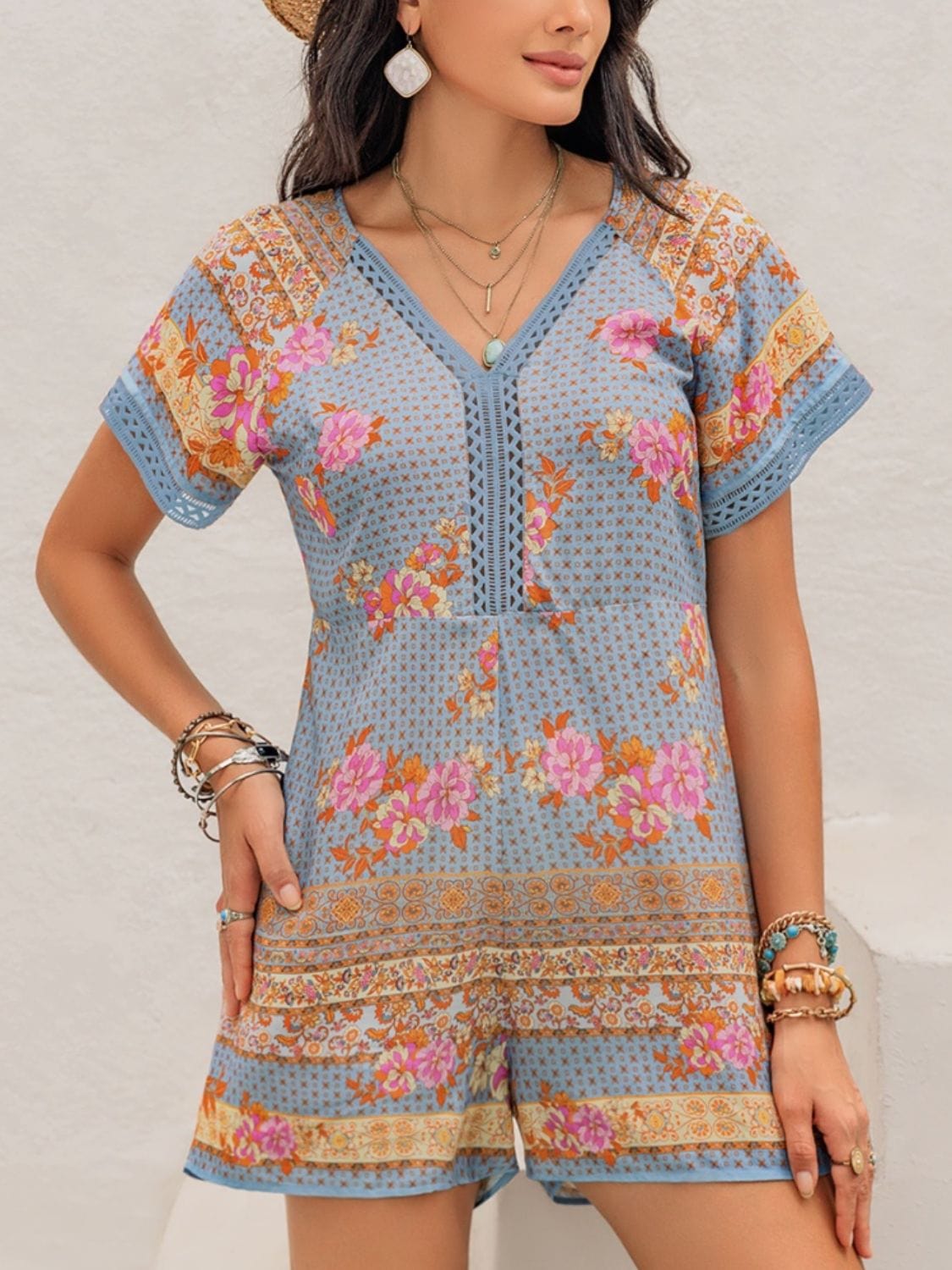 Printed V-Neck Short Sleeve Romper - Trendsi