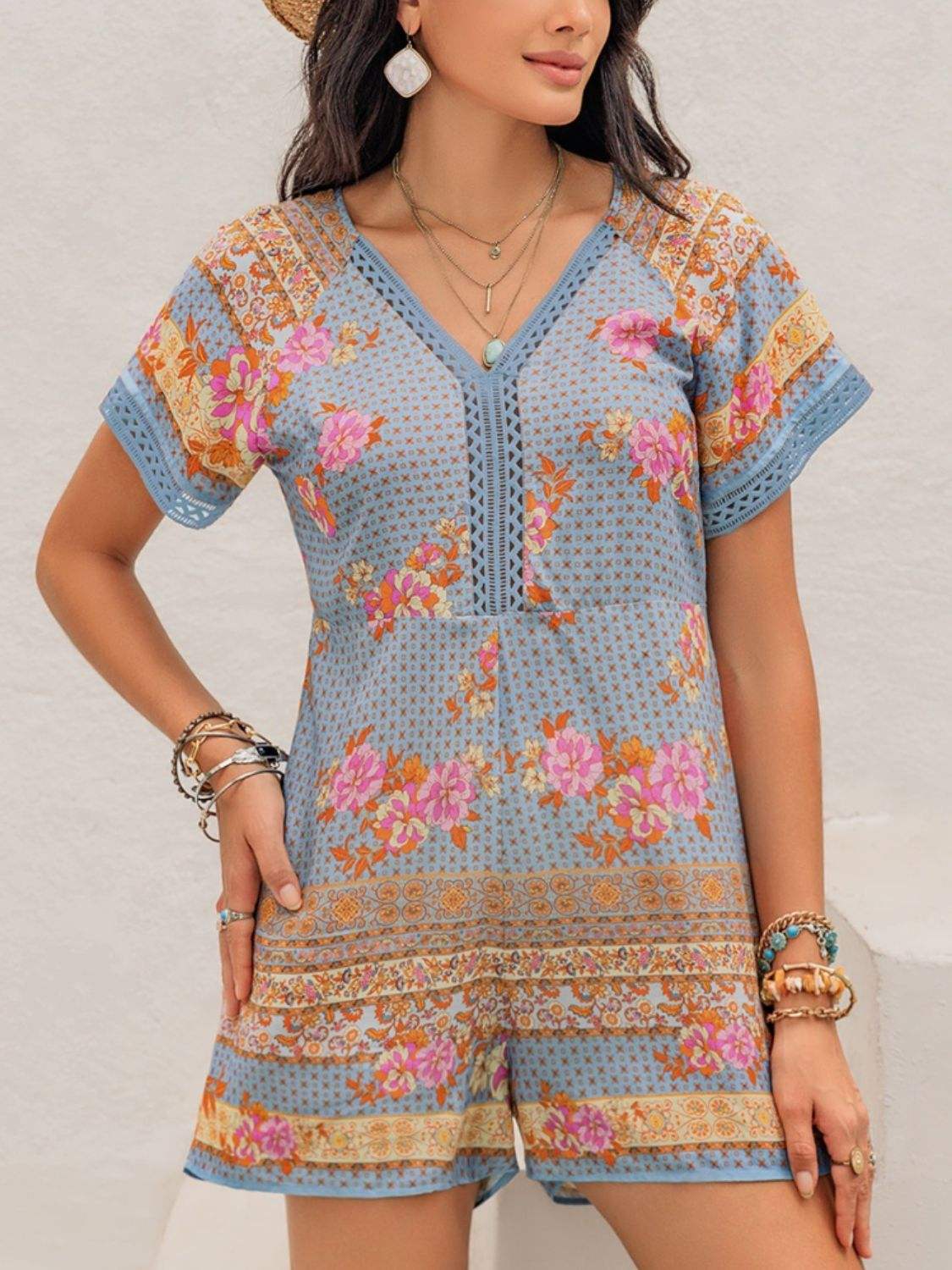 Printed V-Neck Short Sleeve Romper - Trendsi - Flyclothing LLC