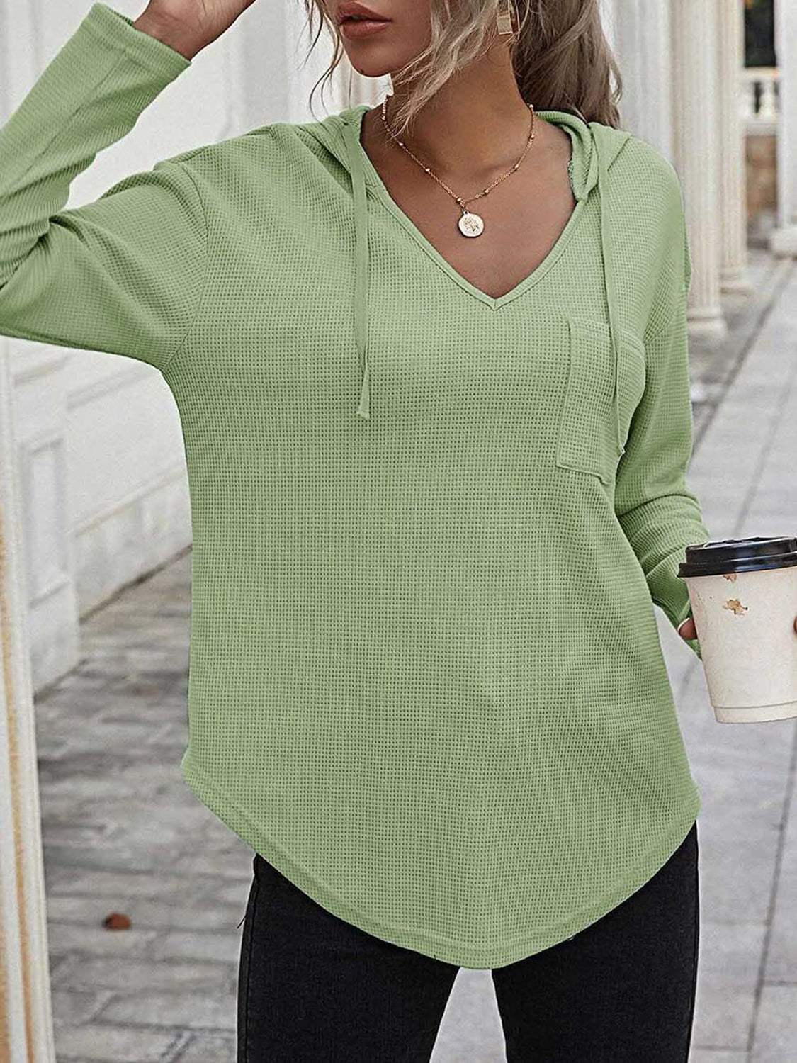 Drawstring Waffle Knit Long Sleeve Hooded Top - Trendsi - Flyclothing LLC