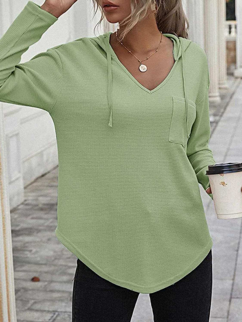 Drawstring Waffle Knit Long Sleeve Hooded Top - Trendsi - Flyclothing LLC